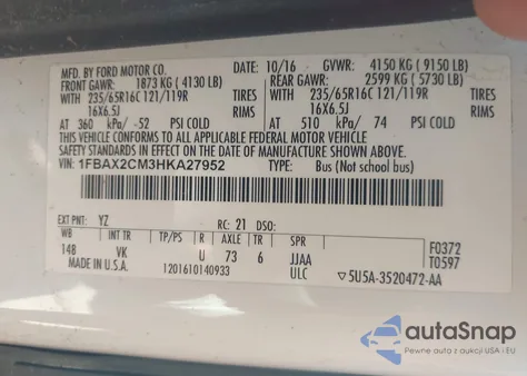 2017 Ford Transit-350 Xl from USA, damaged, VIN 1FBAX2CM3HKA27952